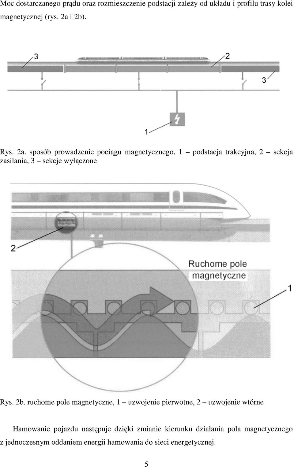 sposób prowadzenie pociągu magnetycznego, 1 podstacja trakcyjna, 2 sekcja zasilania, 3 sekcje wyłączone Rys. 2b.