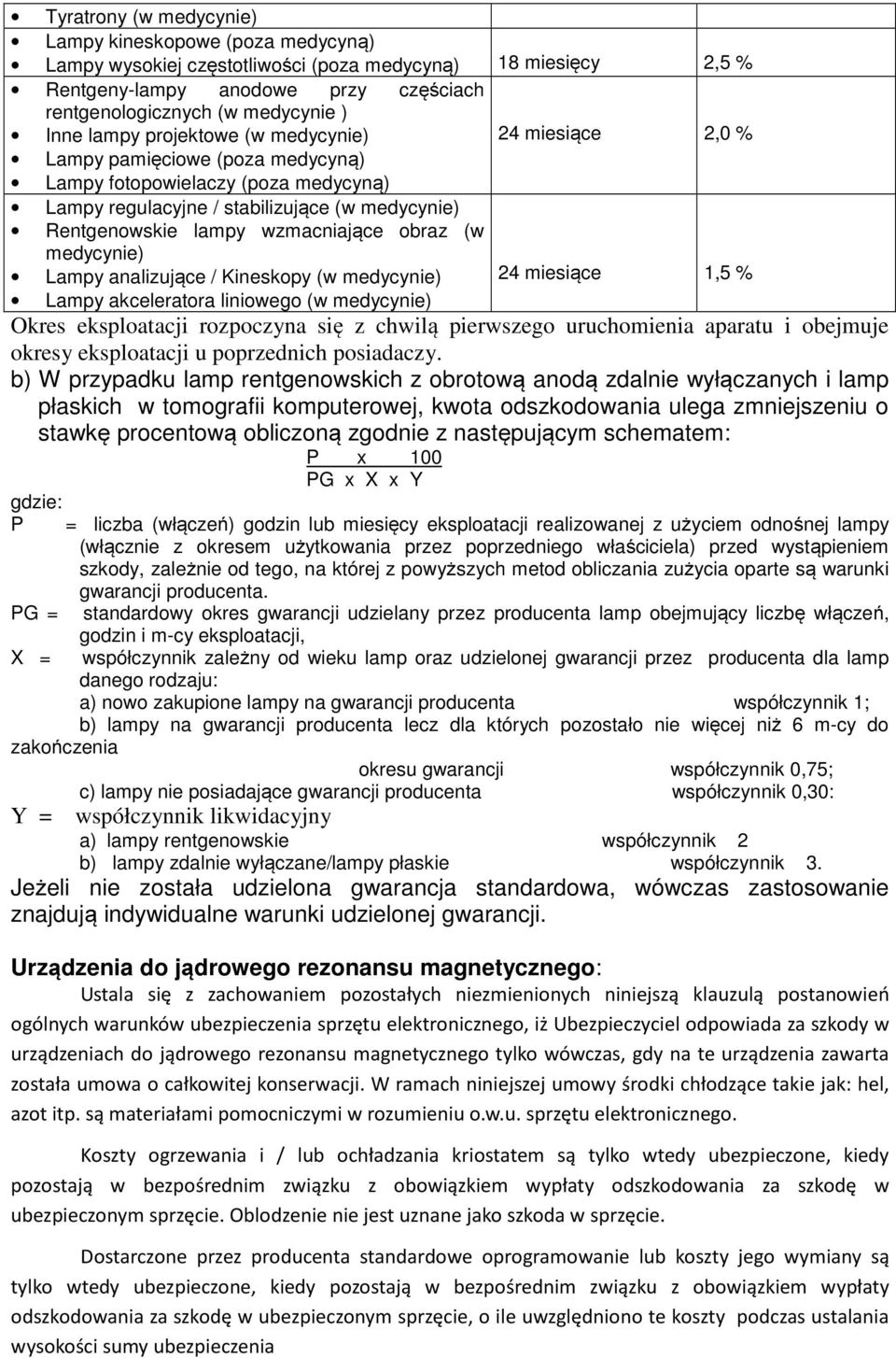 obraz (w medycynie) Lampy analizujące / Kineskopy (w medycynie) Lampy akceleratora liniowego (w medycynie) 24 miesiące 1,5 % Okres eksploatacji rozpoczyna się z chwilą pierwszego uruchomienia aparatu