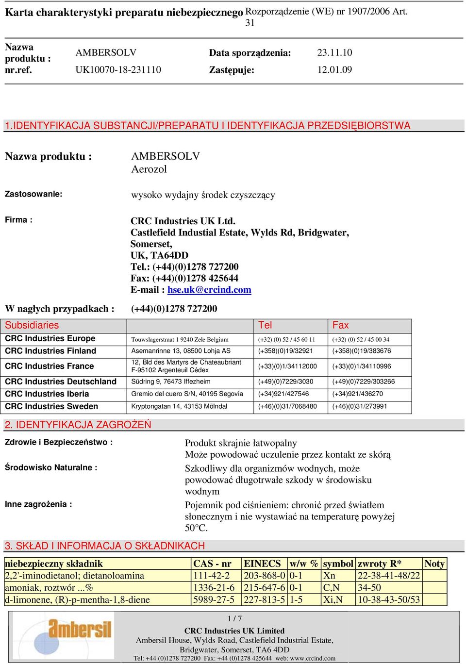 com Subsidiaries Tel Fax CRC Industries Europe Touwslagerstraat 1 9240 Zele Belgium (+32) (0) 52 / 45 60 11 (+32) (0) 52 / 45 00 34 CRC Industries Finland Asemanrinne 13, 08500 Lohja AS