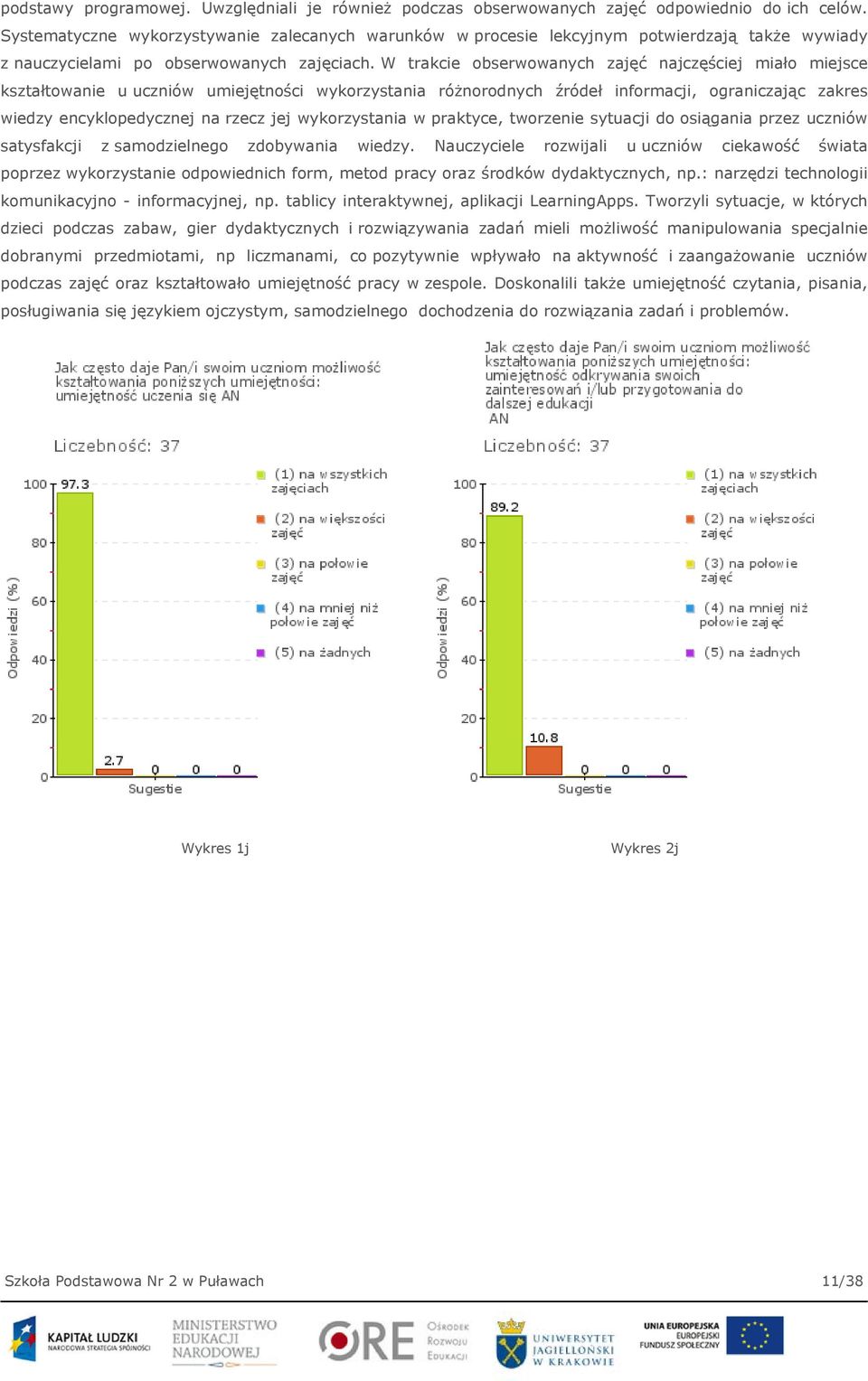 W trakcie obserwowanych zajęć najczęściej miało miejsce kształtowanie u uczniów umiejętności wykorzystania różnorodnych źródeł informacji, ograniczając zakres wiedzy encyklopedycznej na rzecz jej