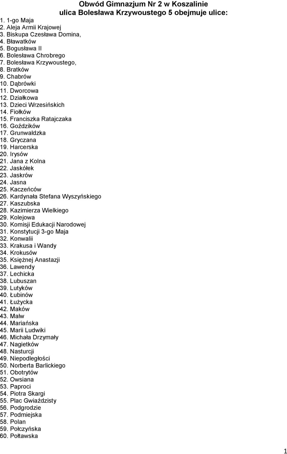 Kaczeńców 26. Kardynała Stefana Wyszyńskiego 27. Kaszubska 28. Kazimierza Wielkiego 29. Kolejowa 30. Komisji Edukacji Narodowej 31. Konstytucji 3-go Maja 32. Konwalii 33. Krakusa i Wandy 34.