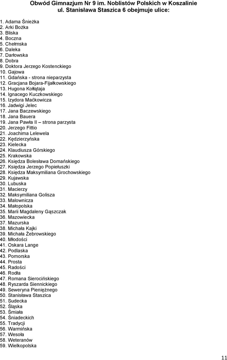 Jana Baczewskiego 18. Jana Bauera 19. Jana Pawła II strona parzysta 20. Jerzego Fittio 21. Joachima Lelewela 22. Kędzierzyńska 23. Kielecka 24. Klaudiusza Górskiego 25. Krakowska 26.