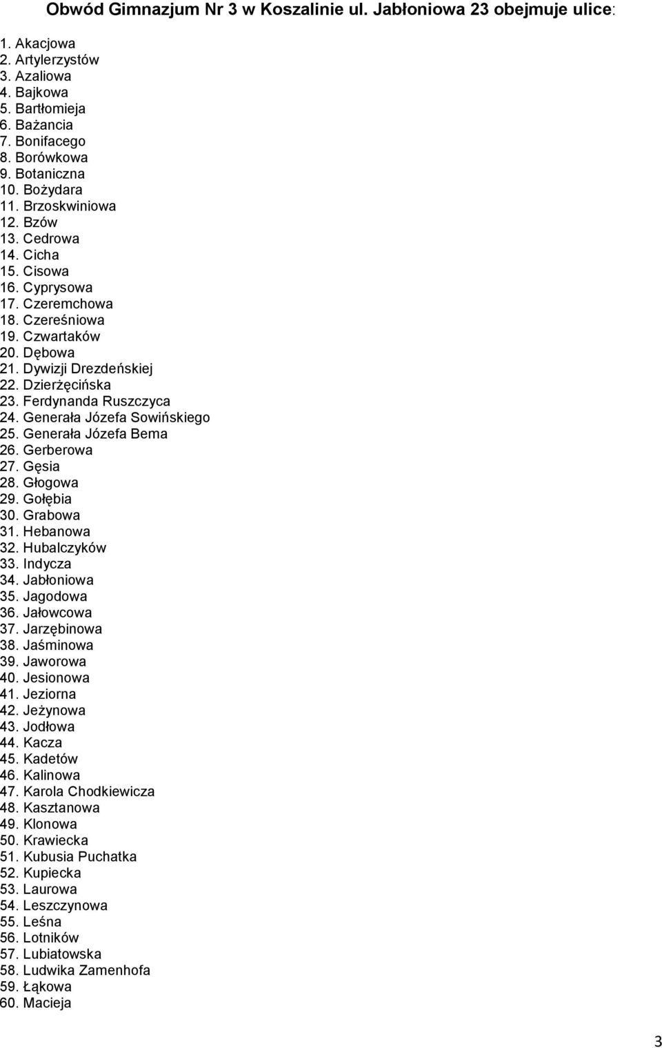 Ferdynanda Ruszczyca 24. Generała Józefa Sowińskiego 25. Generała Józefa Bema 26. Gerberowa 27. Gęsia 28. Głogowa 29. Gołębia 30. Grabowa 31. Hebanowa 32. Hubalczyków 33. Indycza 34. Jabłoniowa 35.