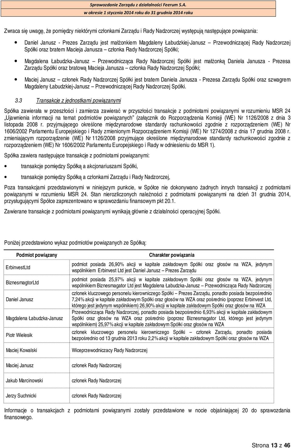 Prezesa Zarządu Spółki oraz bratową Macieja Janusza członka Rady Nadzorczej Spółki; Maciej Janusz członek Rady Nadzorczej Spółki jest bratem Daniela Janusza - Prezesa Zarządu Spółki oraz szwagrem