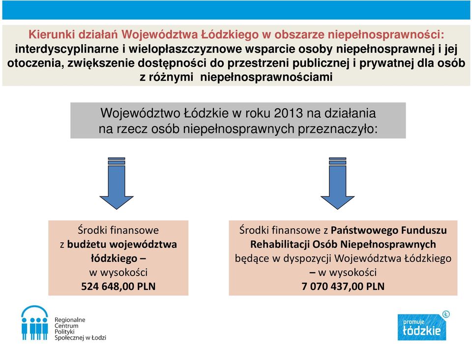 roku 2013 na działania na rzecz osób niepełnosprawnych przeznaczyło: Środki finansowe z budżetu województwa łódzkiego w wysokości 524 648,00