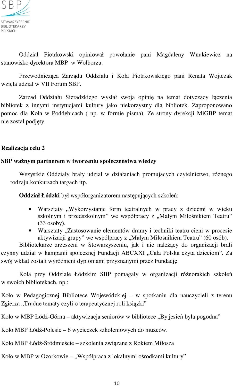 Zarząd Oddziału Sieradzkiego wysłał swoja opinię na temat dotyczący łączenia bibliotek z innymi instytucjami kultury jako niekorzystny dla bibliotek. Zaproponowano pomoc dla Koła w Poddębicach ( np.