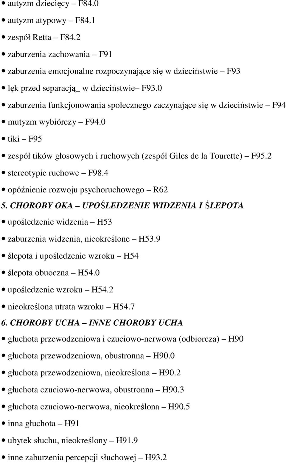 2 stereotypie ruchowe F98.4 opóźnienie rozwoju psychoruchowego R62 5. CHOROBY OKA UPOŚLEDZENIE WIDZENIA I ŚLEPOTA upośledzenie widzenia H53 zaburzenia widzenia, nieokreślone H53.