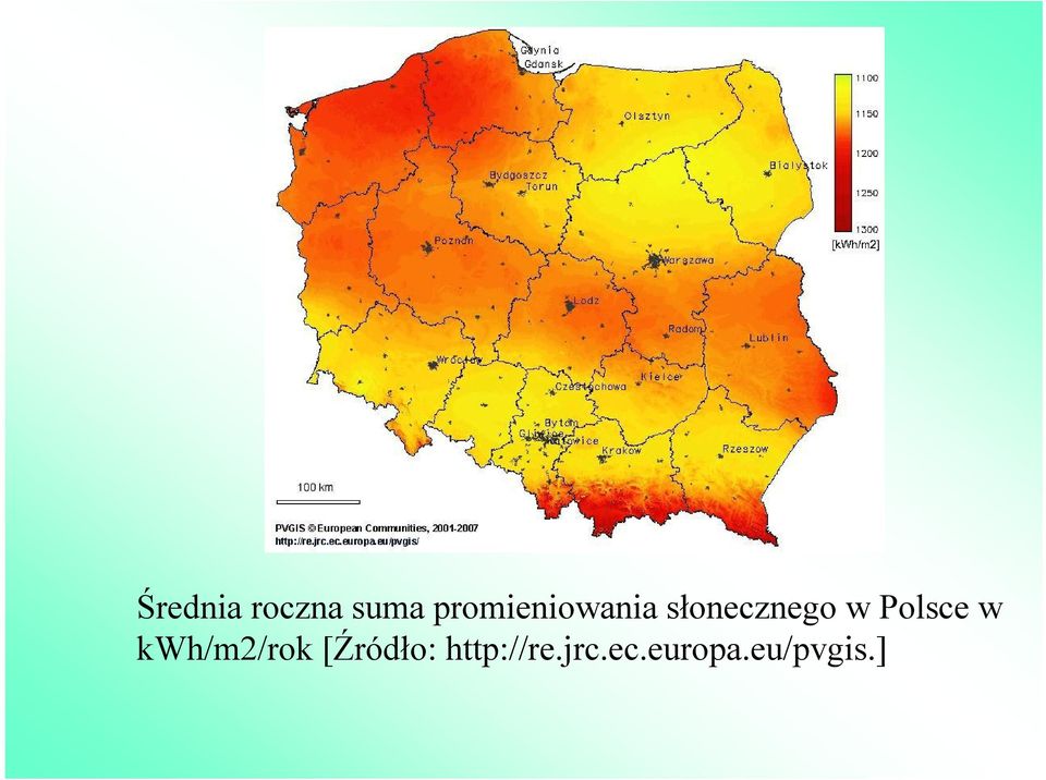 w Polsce w kwh/m2/rok