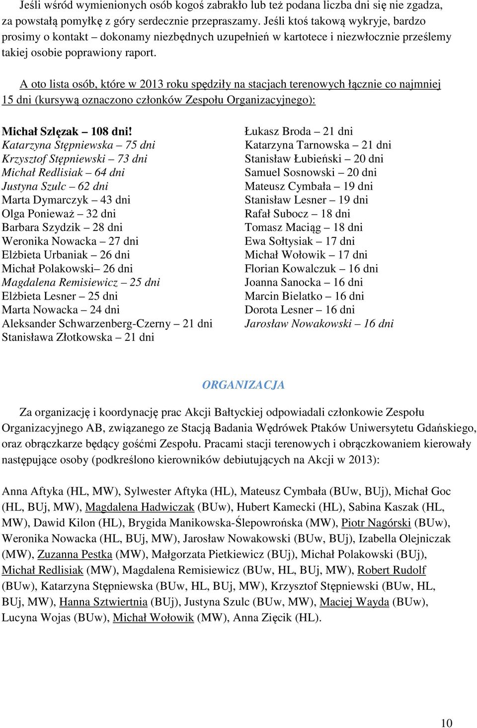 A oto lista osób, które w 2013 roku spędziły na stacjach terenowych łącznie co najmniej 15 dni (kursywą oznaczono członków Zespołu Organizacyjnego): Michał Szlęzak 108 dni!