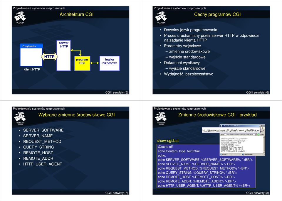 środowiskowe CGI - przykład SERVER_SOFTWARE SERVER_NAME REQUEST_METHOD QUERY_STRING REMOTE_HOST REMOTE_ADDR _USER_AGENT CGI i serwlety (7) show-cgi.bat @echo off echo Content-Type: text/html echo.