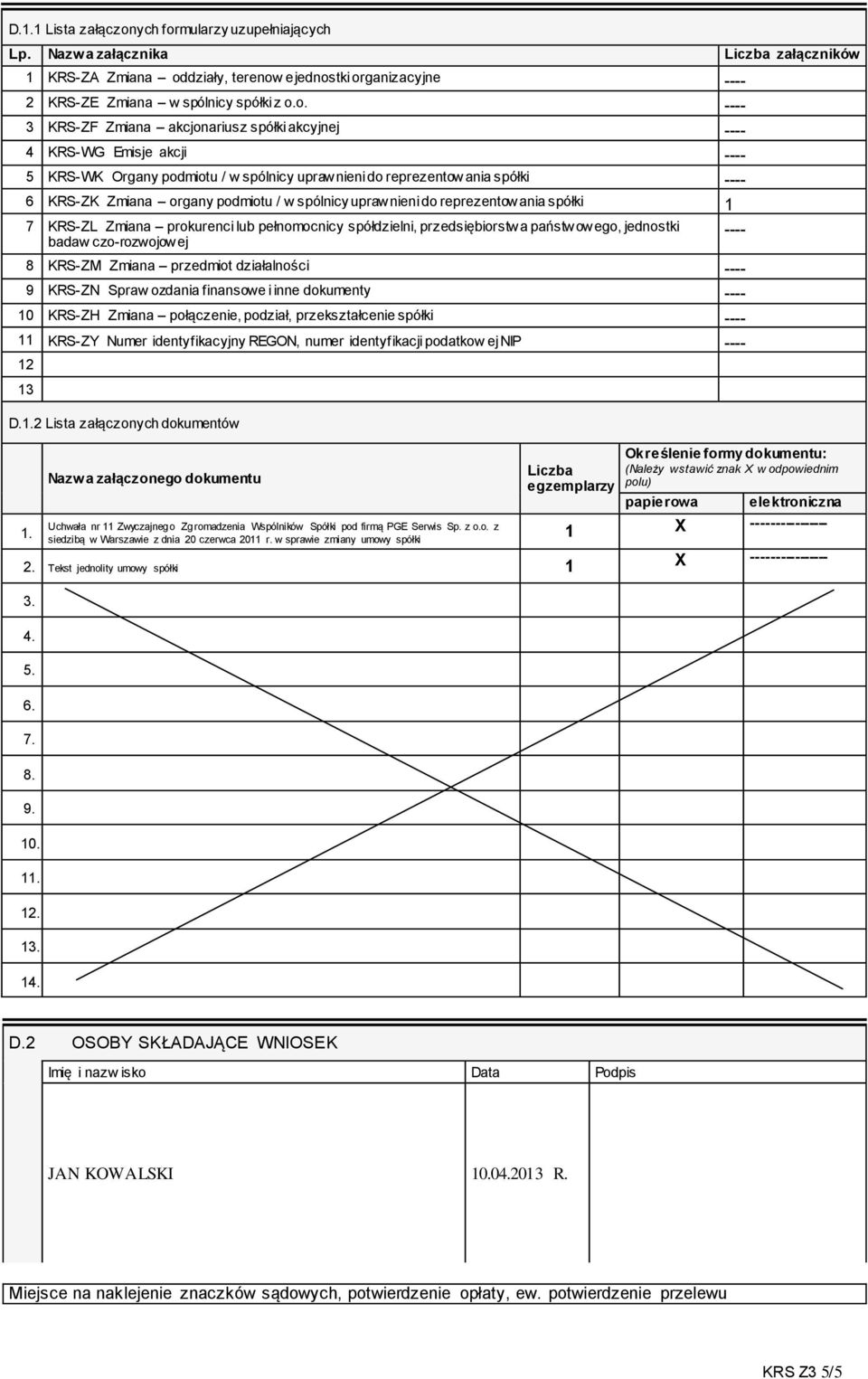 mularzy uzupełniających Lp. Nazw a załącznika Liczba załączników 1 KRS-ZA Zmiana od