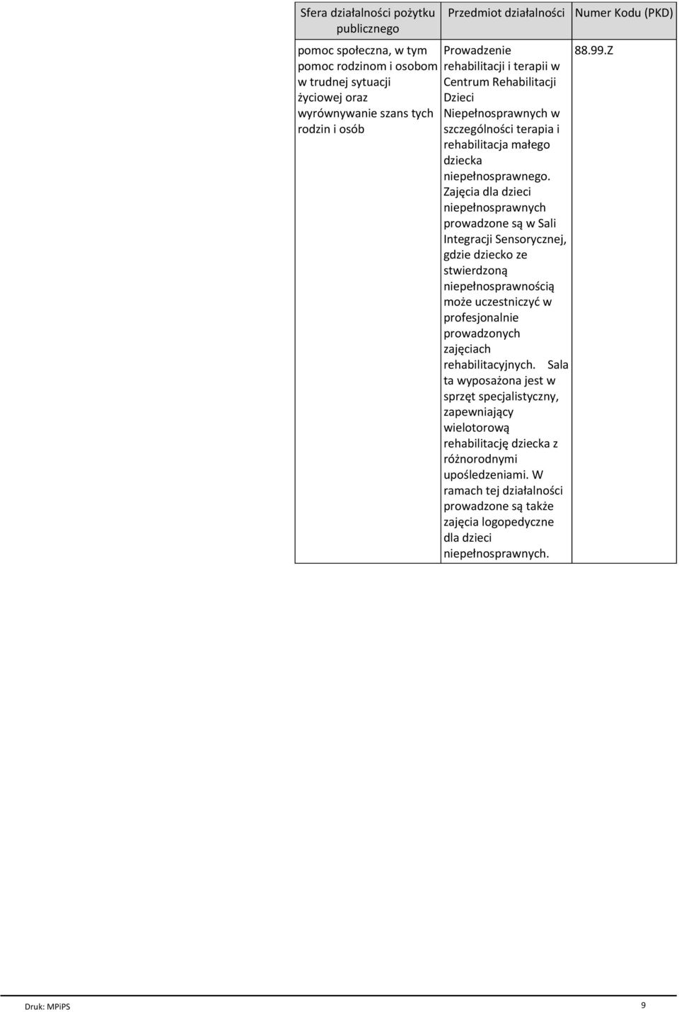 Zajъcia dla dzieci niepeгnosprawnych prowadzone sй w Sali Integracji Sensorycznej, gdzie dziecko ze stwierdzonй niepeгnosprawno ciй moпe uczestniczyц w profesjonalnie prowadzonych zajъciach
