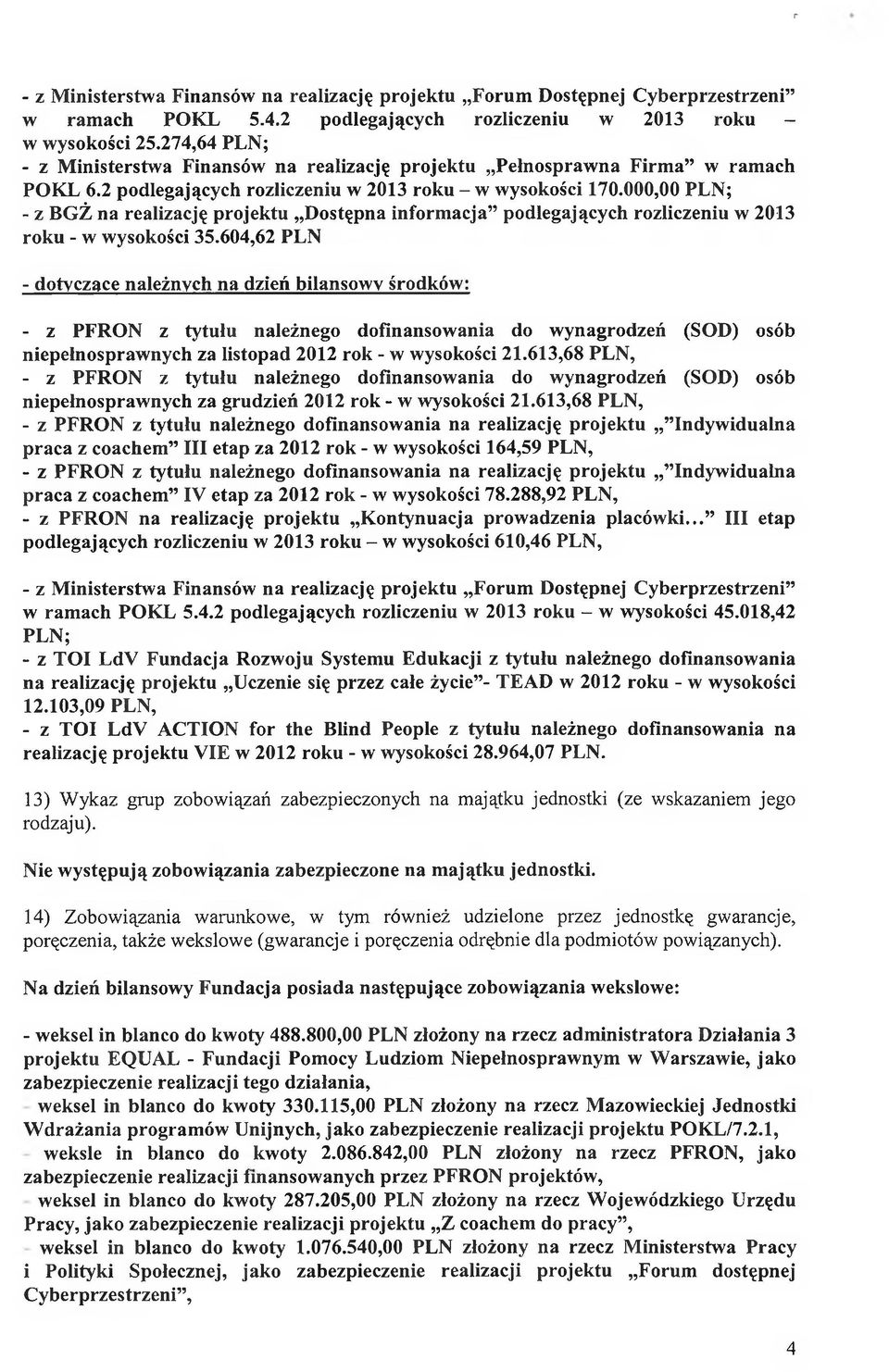 000,00 PLN; - z BGŻ na realizację projektu Dostępna informacja podlegających rozliczeniu w 2013 roku - w wysokości 35.