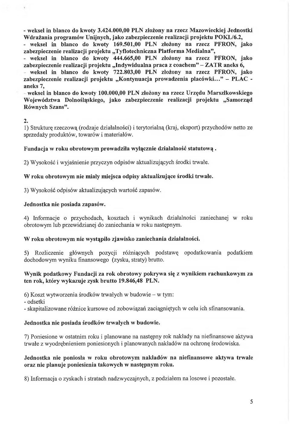 665,00 PLN złożony na rzecz PFRON, jako zabezpieczenie realizacji projektu Indywidualna praca z coachem - ZATR aneks 6, weksel in blanco do kwoty 722.