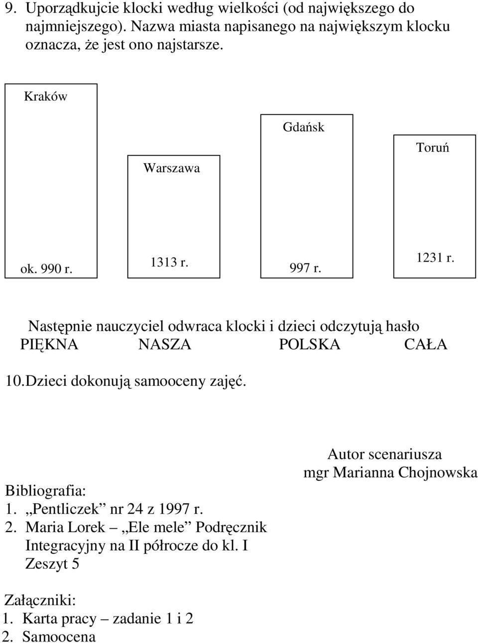 Następnie nauczyciel odwraca klocki i dzieci odczytują hasło PIĘKNA NASZA POLSKA CAŁA 10.Dzieci dokonują samooceny zajęć. Bibliografia: 1.