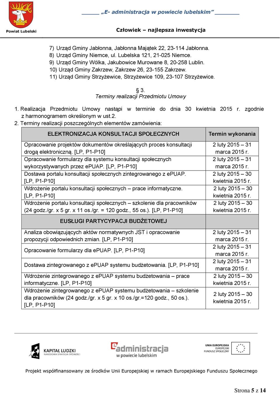 Realizacja Przedmiotu Umowy nastąpi w terminie do dnia 30 kwietnia 20