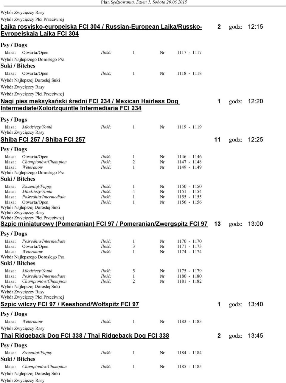 Nagi pies meksykański średni FCI 234 / Mexican Hairless Dog 1 godz: 12:20 Intermediate/Xoloitzquintle Intermediaria FCI 234 klasa: Młodzieży/Youth Ilość: 1 Nr 1119-1119 Shiba FCI 257 / Shiba FCI 257