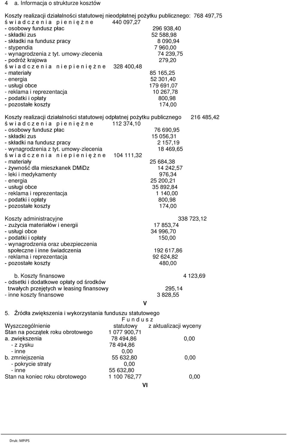 umowy-zlecenia 74 239,75 - podróż krajowa 279,20 ś w i a d c z e n i a n i e p i e n i ę ż n e 328 400,48 - materiały 85 165,25 - energia 52 301,40 - usługi obce 179 691,07 - reklama i reprezentacja