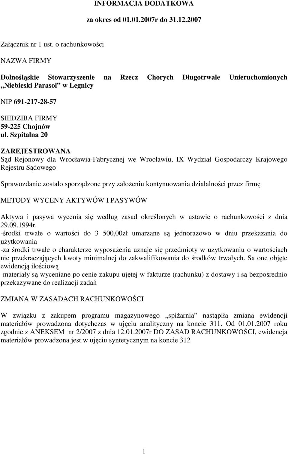 Szpitalna 20 ZAREJESTROWANA Sąd Rejonowy dla Wrocławia-Fabrycznej we Wrocławiu, IX Wydział Gospodarczy Krajowego Rejestru Sądowego Sprawozdanie zostało sporządzone przy założeniu kontynuowania