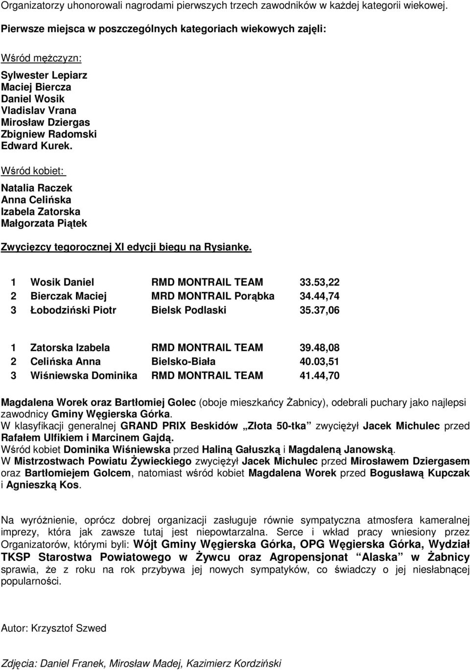 Wśród kobiet: Natalia Raczek Anna Celińska Izabela Zatorska Małgorzata Piątek Zwycięzcy tegorocznej XI edycji biegu na Rysiankę. 1 Wosik Daniel RMD MONTRAIL TEAM 33.