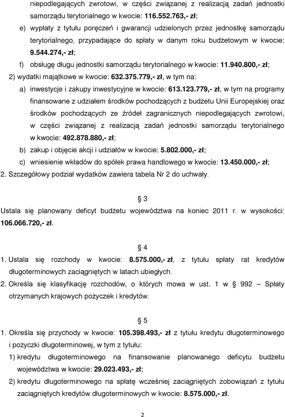 274,- zł; f) obsługę długu jednostki samorządu terytorialnego w kwocie: 11.940.800,- zł; 2) wydatki majątkowe w kwocie: 632.375.779,- zł, w tym na: a) inwestycje i zakupy inwestycyjne w kwocie: 613.