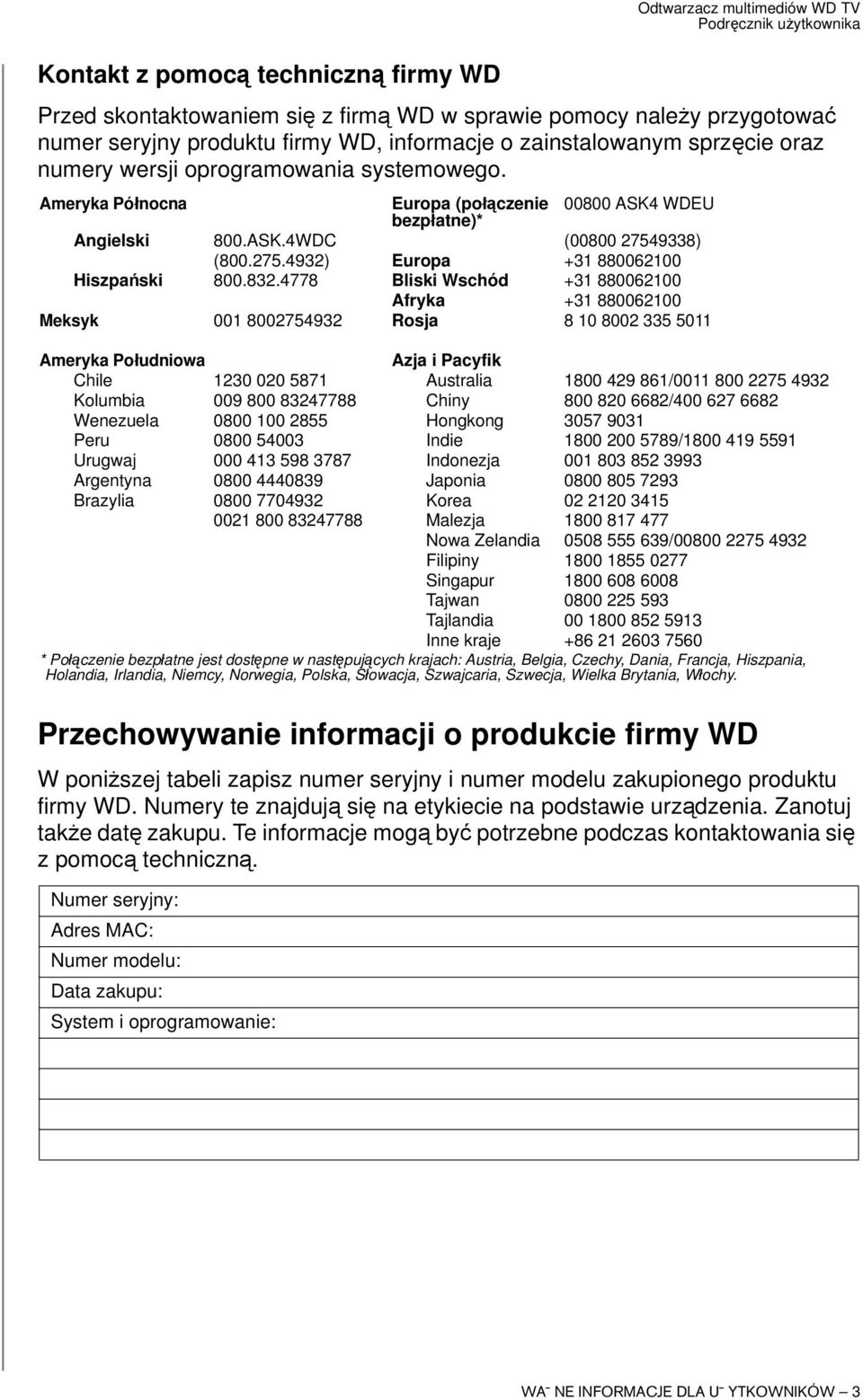 832.4778 Bliski Wschód +31 880062100 Afryka +31 880062100 Meksyk 001 8002754932 Rosja 8 10 8002 335 5011 Ameryka Południowa Azja i Pacyfik Chile 1230 020 5871 Australia 1800 429 861/0011 800 2275