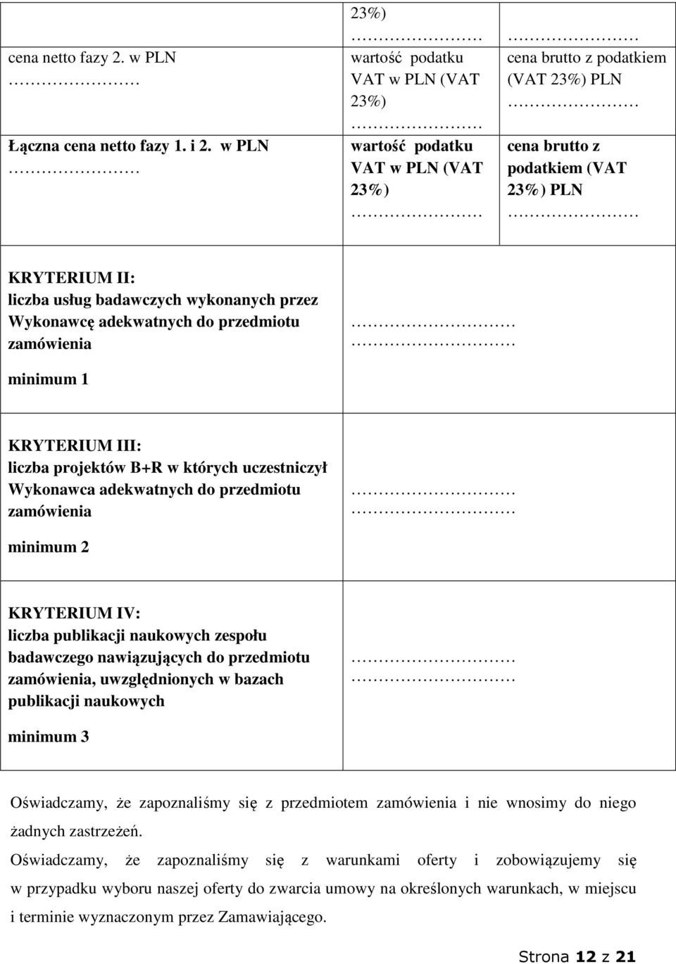 wykonanych przez Wykonawcę adekwatnych do przedmiotu zamówienia minimum 1 KRYTERIUM III: liczba projektów B+R w których uczestniczył Wykonawca adekwatnych do przedmiotu zamówienia minimum 2 KRYTERIUM