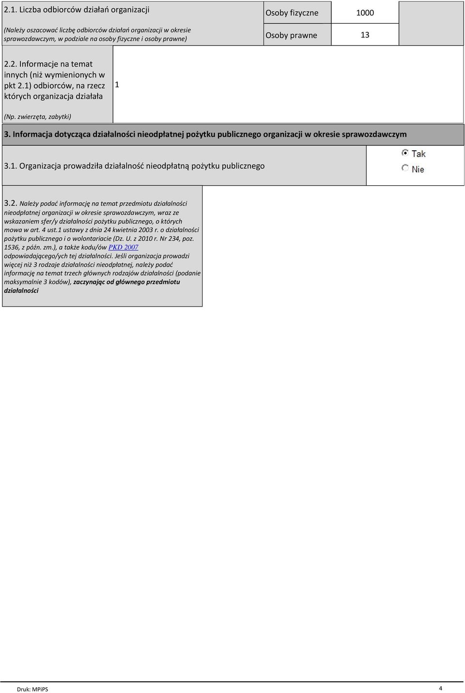 Informacja dotyczйca dziaгalno ci nieodpгatnej poпytku publicznego organizacji w okresie sprawozdawczym 3.1. Organizacja prowadziгa dziaгalno ц nieodpгatnй poпytku publicznego 3.2.