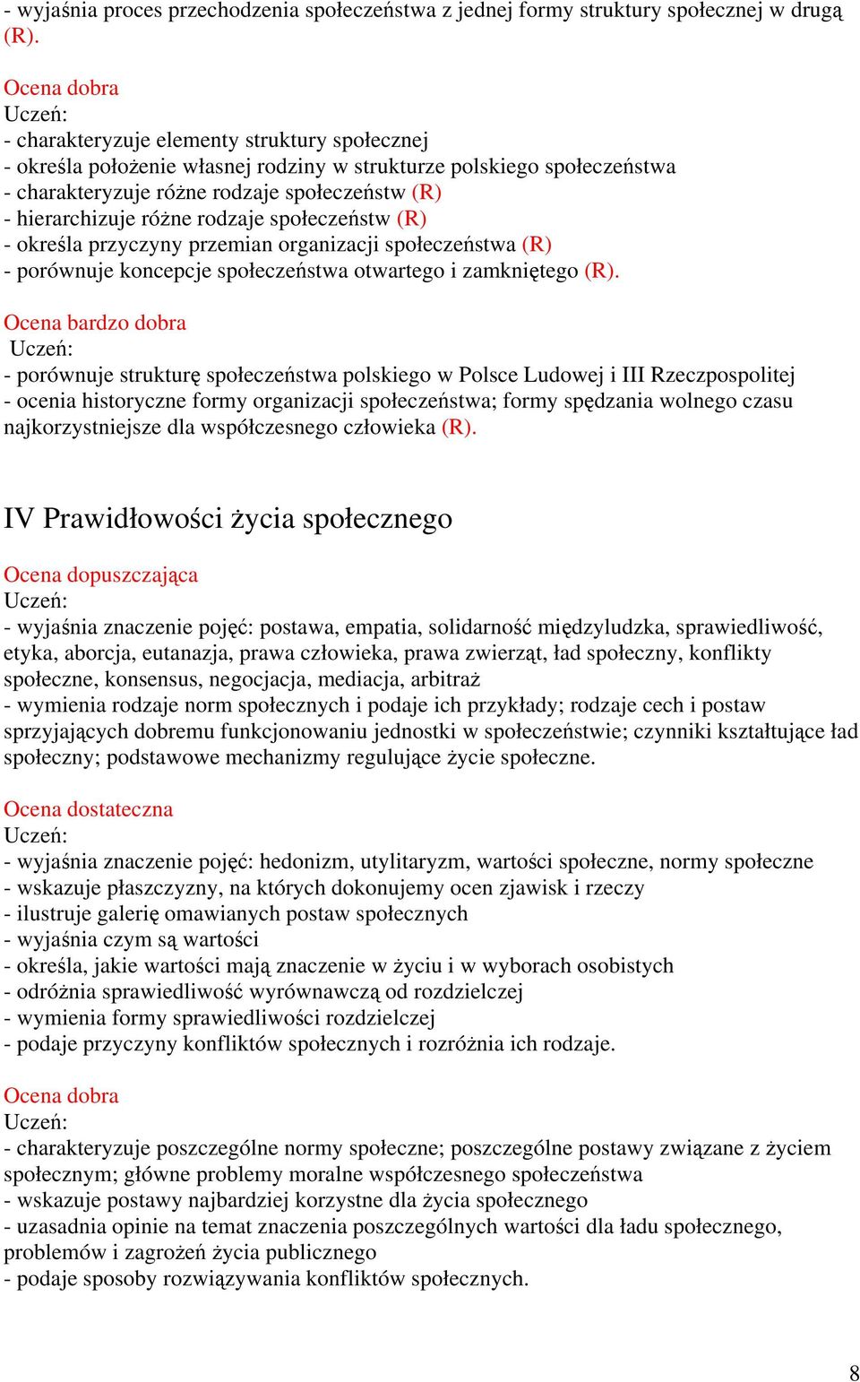 społeczeństw (R) - określa przyczyny przemian organizacji społeczeństwa (R) - porównuje koncepcje społeczeństwa otwartego i zamkniętego (R).