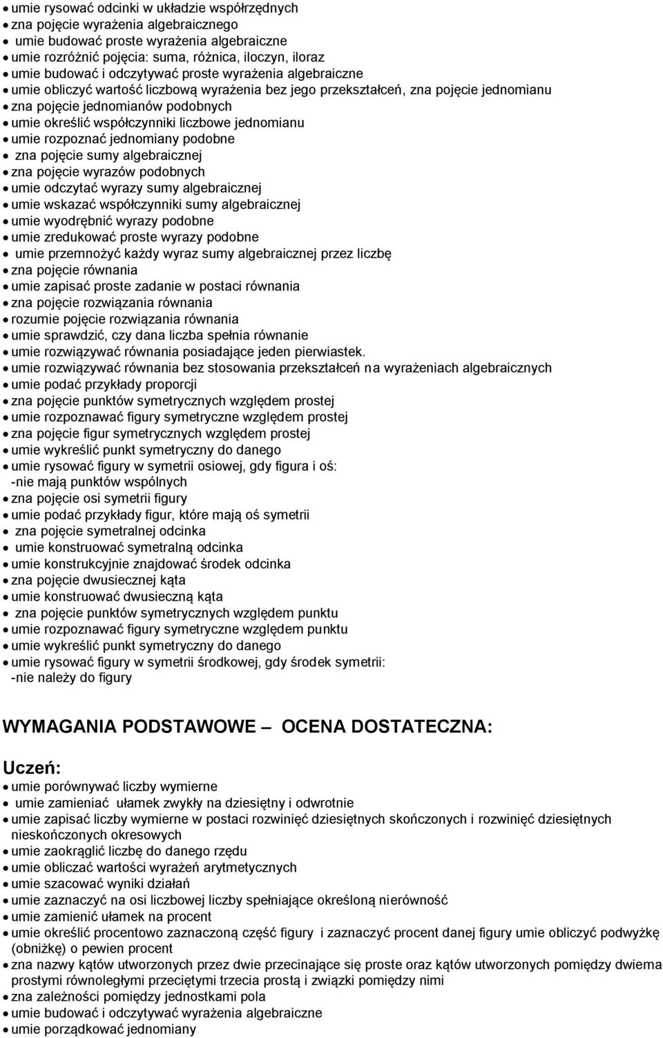 jednomianu umie rozpoznać jednomiany podobne zna pojęcie sumy algebraicznej zna pojęcie wyrazów podobnych umie odczytać wyrazy sumy algebraicznej umie wskazać współczynniki sumy algebraicznej umie