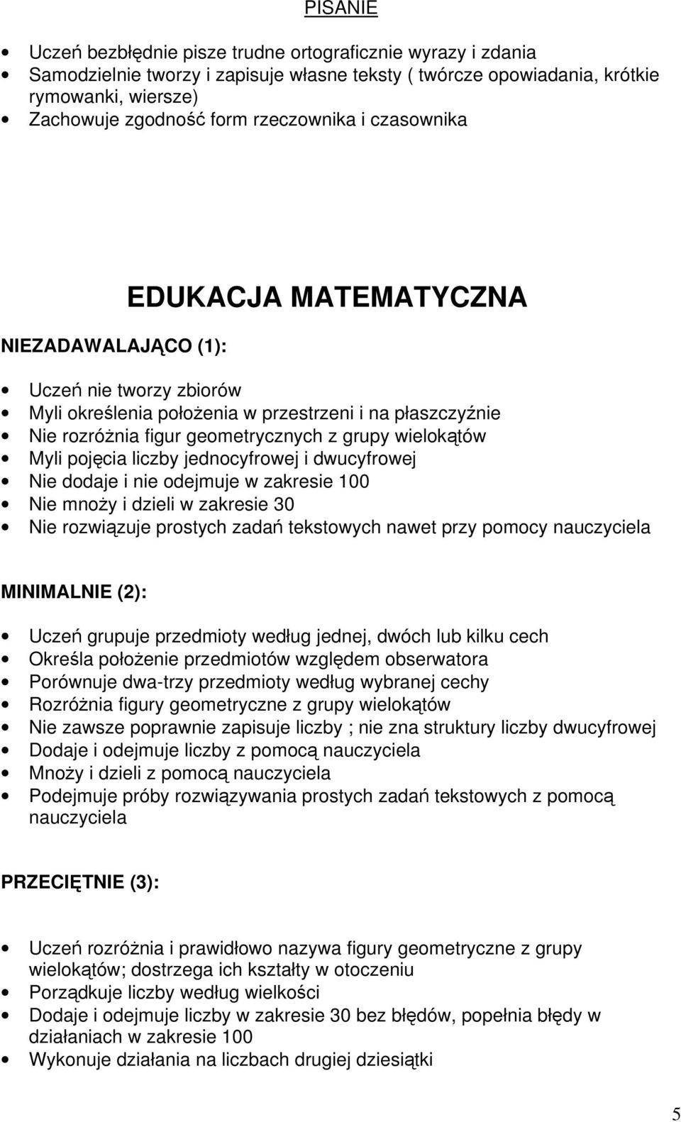 wielokątów Myli pojęcia liczby jednocyfrowej i dwucyfrowej Nie dodaje i nie odejmuje w zakresie 100 Nie mnoży i dzieli w zakresie 30 Nie rozwiązuje prostych zadań tekstowych nawet przy pomocy