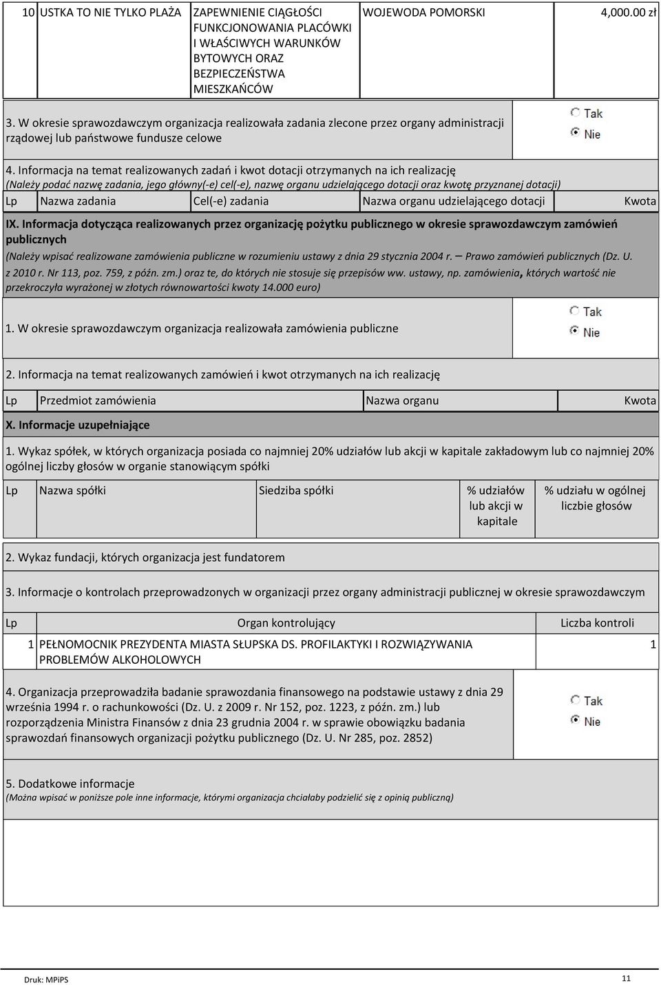 Informacja na temat realizowanych zadaя i kwot dotacji otrzymanych na ich realizacjй (Nale y podaф nazwй zadania, jego gёсwny(-e) cel(-e), nazwй organu udzielaj cego dotacji oraz kwotй przyznanej