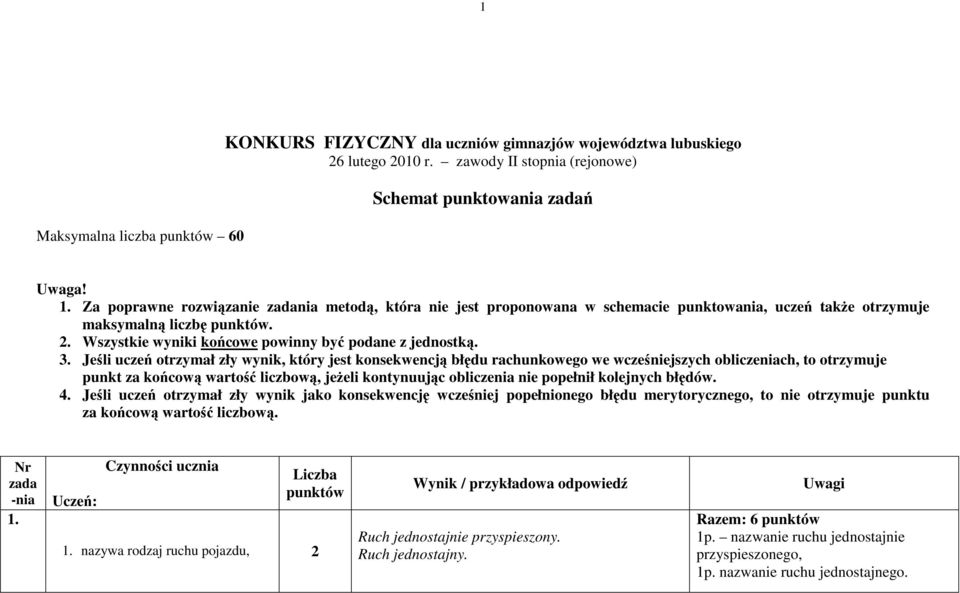 3. Jeśli uczeń otrzymał zły wynik, który jest konsekwencją błędu rachunkowego we wcześniejszych obliczeniach, to otrzymuje punkt za końcową wartość liczbową, jeŝeli kontynuując obliczenia nie