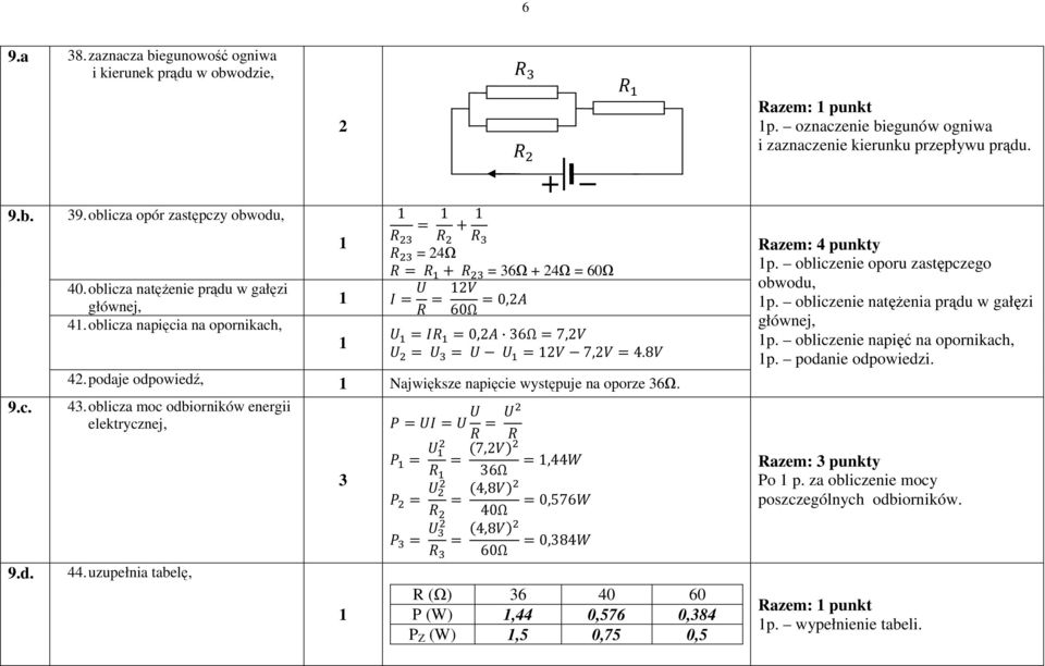 podaje odpowiedź, Największe napięcie występuje na oporze 36Ω. 43. oblicza moc odbiorników energii elektrycznej, 44.