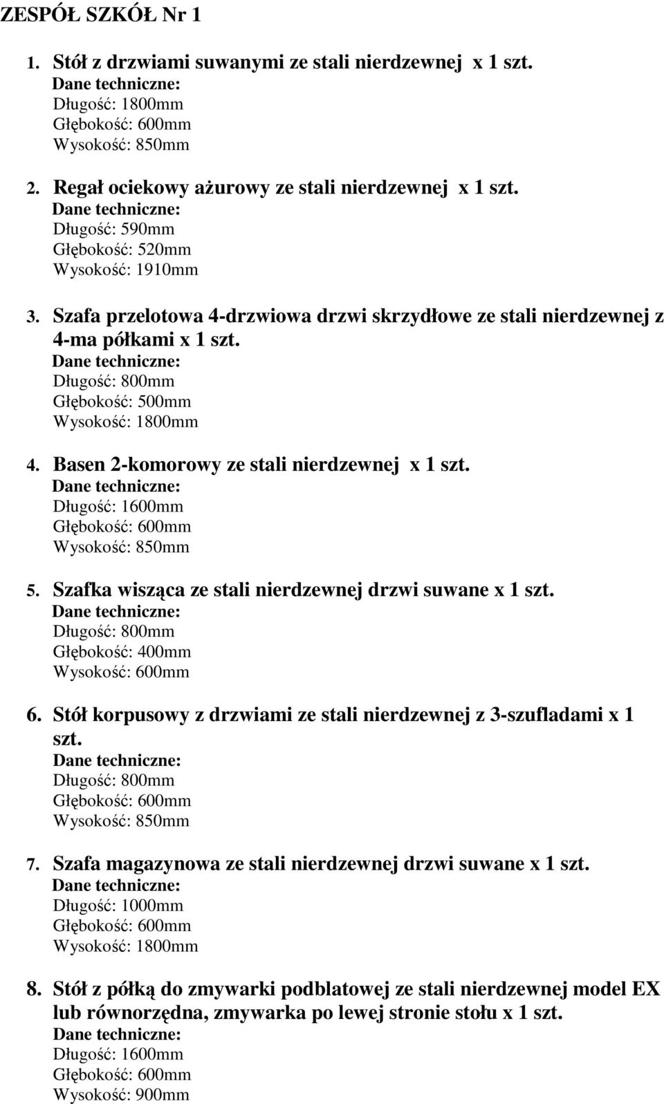 Basen 2-komorowy ze stali nierdzewnej x 1 szt. Długość: 1600mm Głębokość: 600mm Wysokość: 850mm 5. Szafka wisząca ze stali nierdzewnej drzwi suwane x 1 szt.