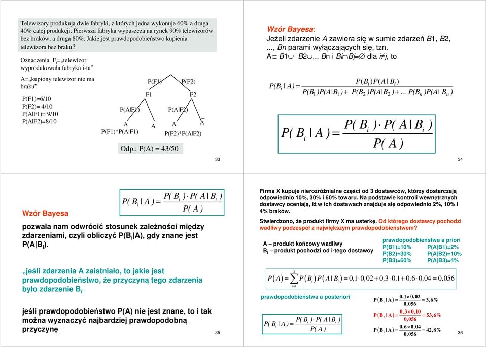 Ozaczea F = telewzor wyprodukowała fabryka -ta = kupoy telewzor e ma braku P(F)=6/0 P(F)= /0 P( F)= 9/0 P( F)=8/0 P( F) P(F) F P( F) P(F) F P(F)*P( F) P(F)*P( F) Odp.