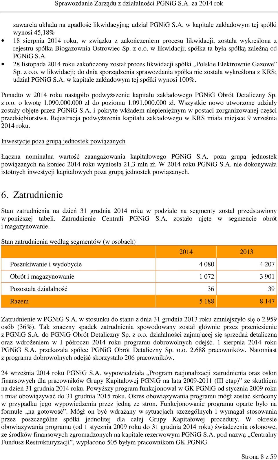 A. 28 listopada 2014 roku zakończony został proces likwidacji spółki Polskie Elektrownie Gazowe Sp. z o.o. w likwidacji; do dnia sporządzenia sprawozdania spółka nie została wykreślona z KRS; udział PGNiG S.