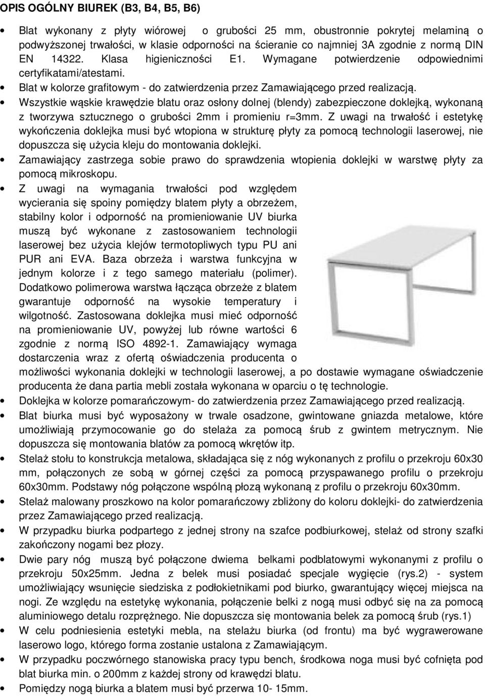 Wszystkie wąskie krawędzie blatu oraz osłony dolnej (blendy) zabezpieczone doklejką, wykonaną z tworzywa sztucznego o grubości 2mm i promieniu r=3mm.