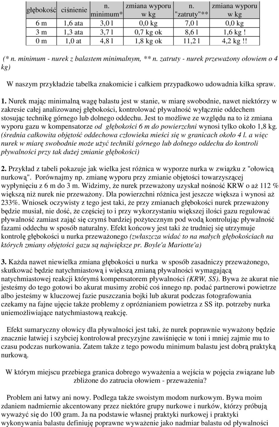 zatruty - nurek przeważony ołowiem o 4 kg) W naszym przykładzie tabelka znakomicie i całkiem przypadkowo udowadnia kilka spraw. 1.