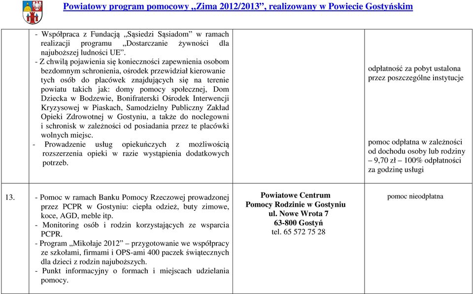 społecznej, Dom Dziecka w Bodzewie, Bonifraterski Ośrodek Interwencji Kryzysowej w Piaskach, Samodzielny Publiczny Zakład Opieki Zdrowotnej w Gostyniu, a także do noclegowni i schronisk w zależności