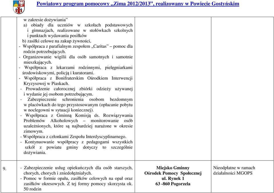 - Współpraca z lekarzami rodzinnymi, pielęgniarkami środowiskowymi, policją i kuratorami. - Współpraca z Bonifraterskim Ośrodkiem Interwencji Kryzysowej w Piaskach.