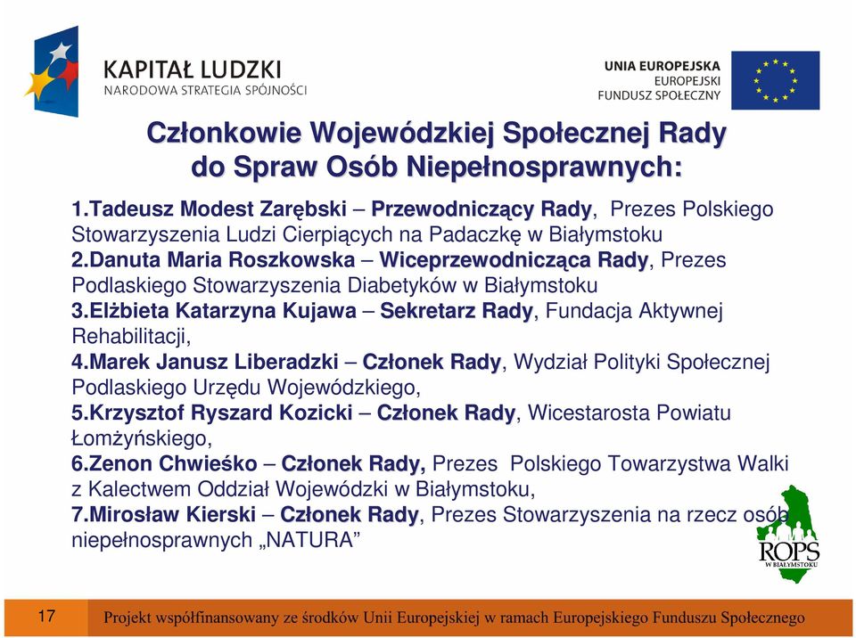 Danuta Maria Roszkowska Wiceprzewodnicząca ca Rady, Prezes Podlaskiego Stowarzyszenia Diabetyków w Białymstoku 3.ElŜbieta Katarzyna Kujawa Sekretarz Rady, Fundacja Aktywnej Rehabilitacji, 4.