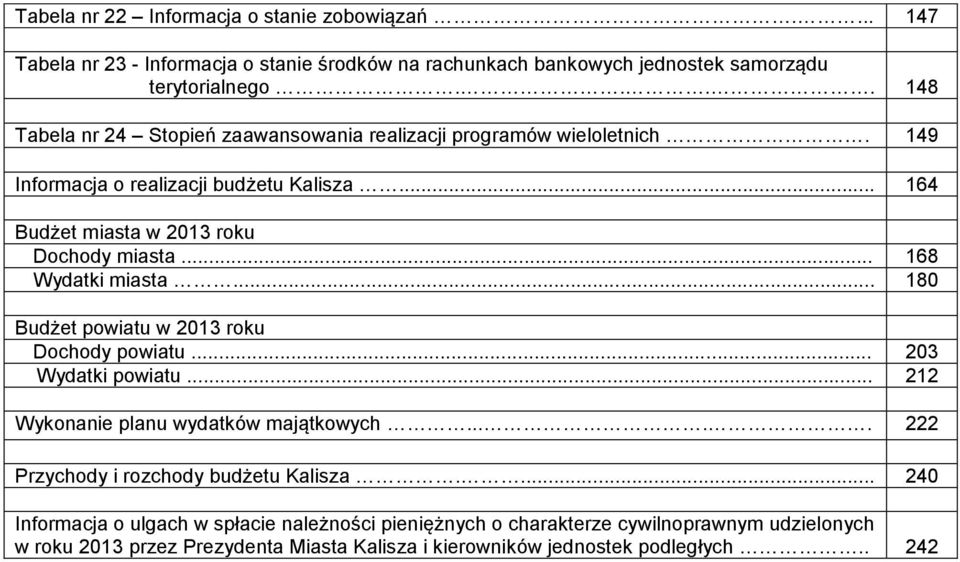 .. 168 Wydatki miasta... 180 Budżet powiatu w 2013 roku Dochody powiatu... 203 Wydatki powiatu... 212 planu wydatków majątkowych..... 222 Przychody i rozchody budżetu Kalisza.