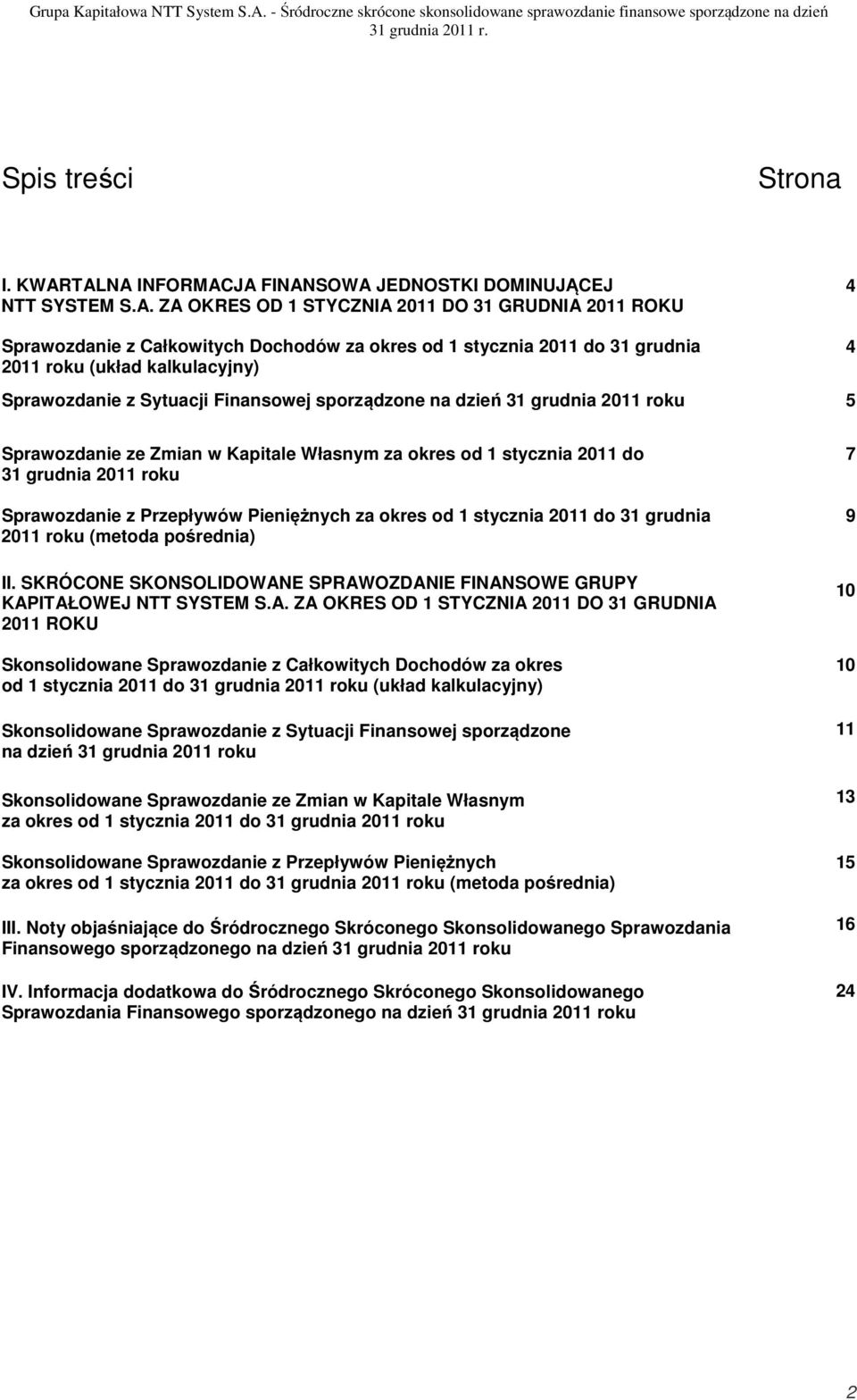 2011 roku (układ kalkulacyjny) 4 4 Sprawozdanie z Sytuacji Finansowej sporządzone na dzień 31 grudnia 2011 roku 5 Sprawozdanie ze Zmian w Kapitale Własnym za okres od 1 stycznia 2011 do 31 grudnia