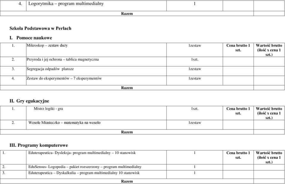 Gry egukacyjne 1. Mistrz logiki - gra 1 Cena brutto 1 2. Wesołe Miasteczko matematyka na wesoło 1zestaw ) III. Programy komputerowe 1.