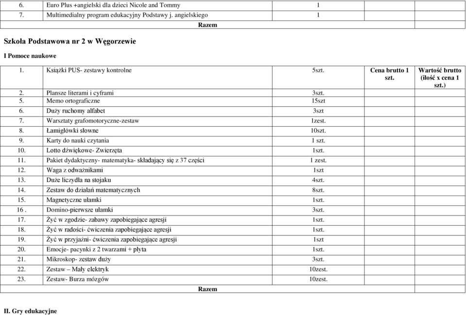 Łamigłówki słowne 10 9. Karty do nauki czytania 1 10. Lotto dźwiękowe- Zwierzęta 1 11. Pakiet dydaktyczny- matematyka- składający się z 37 części 1 zest. 12. Waga z odważnikami 1szt 13.