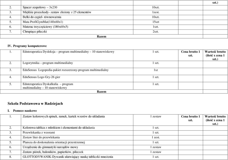 EduSensus Logopedia-pakiet rozszerzony-program multimedialny 1sz 4. EduSensus Logo Gry-26 gier 1 5. Eduterapeutica Dyskalkulia program multimedialny 10 stanowiskowy 1 Szkoła Podstawowa w Radziejach I.