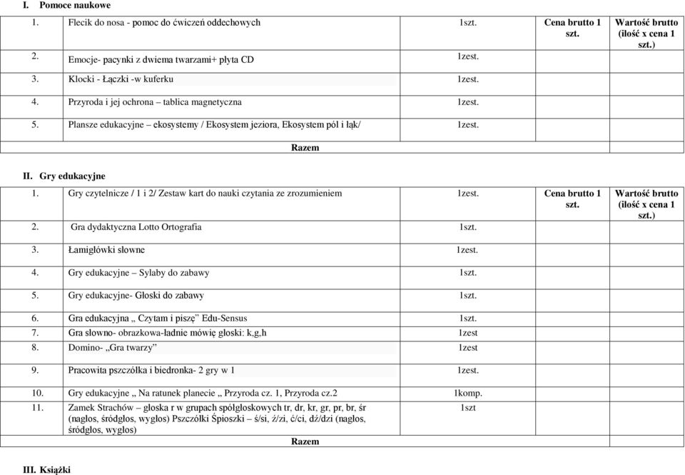 Gry czytelnicze / 1 i 2/ Zestaw kart do nauki czytania ze zrozumieniem 1zest. Cena brutto 1 2. Gra dydaktyczna Lotto Ortografia 1 ) 3. Łamigłówki słowne 1zest. 4. Gry edukacyjne Sylaby do zabawy 1 5.