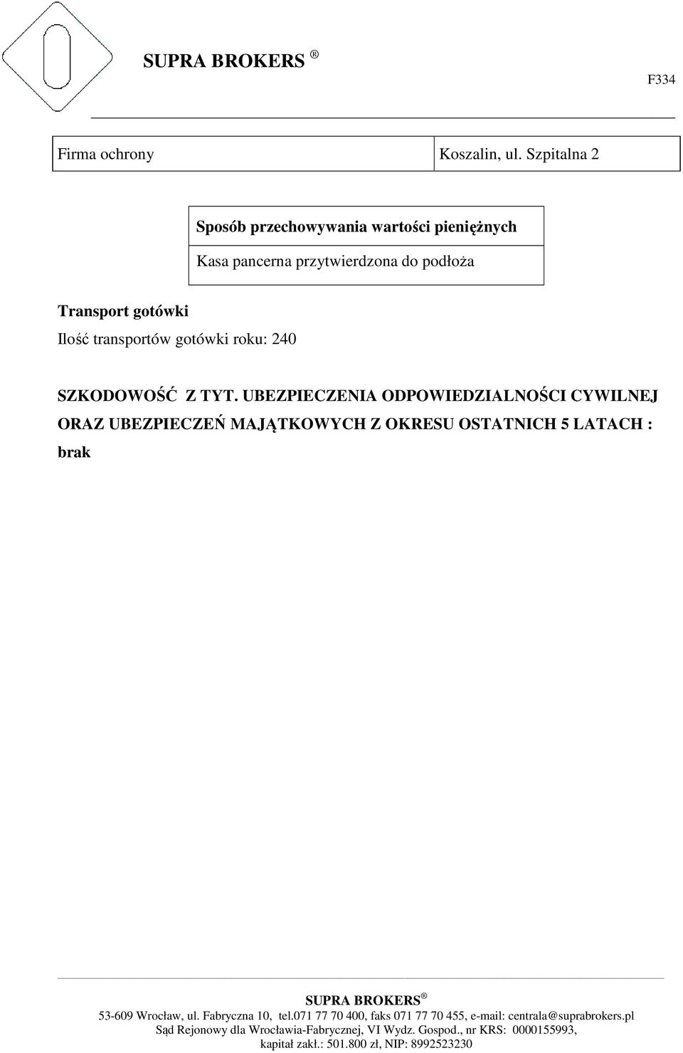 przytwierdzona do podłoża Transport gotówki Ilość transportów gotówki