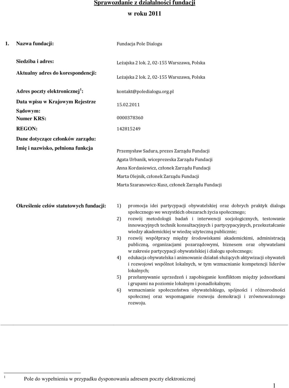 155 Warszawa, Polska Leżajska 2 lok. 155 Warszawa, Polska kontakt@poledialogu.org.pl Data wpisu w Krajowym Rejestrze 15.02.
